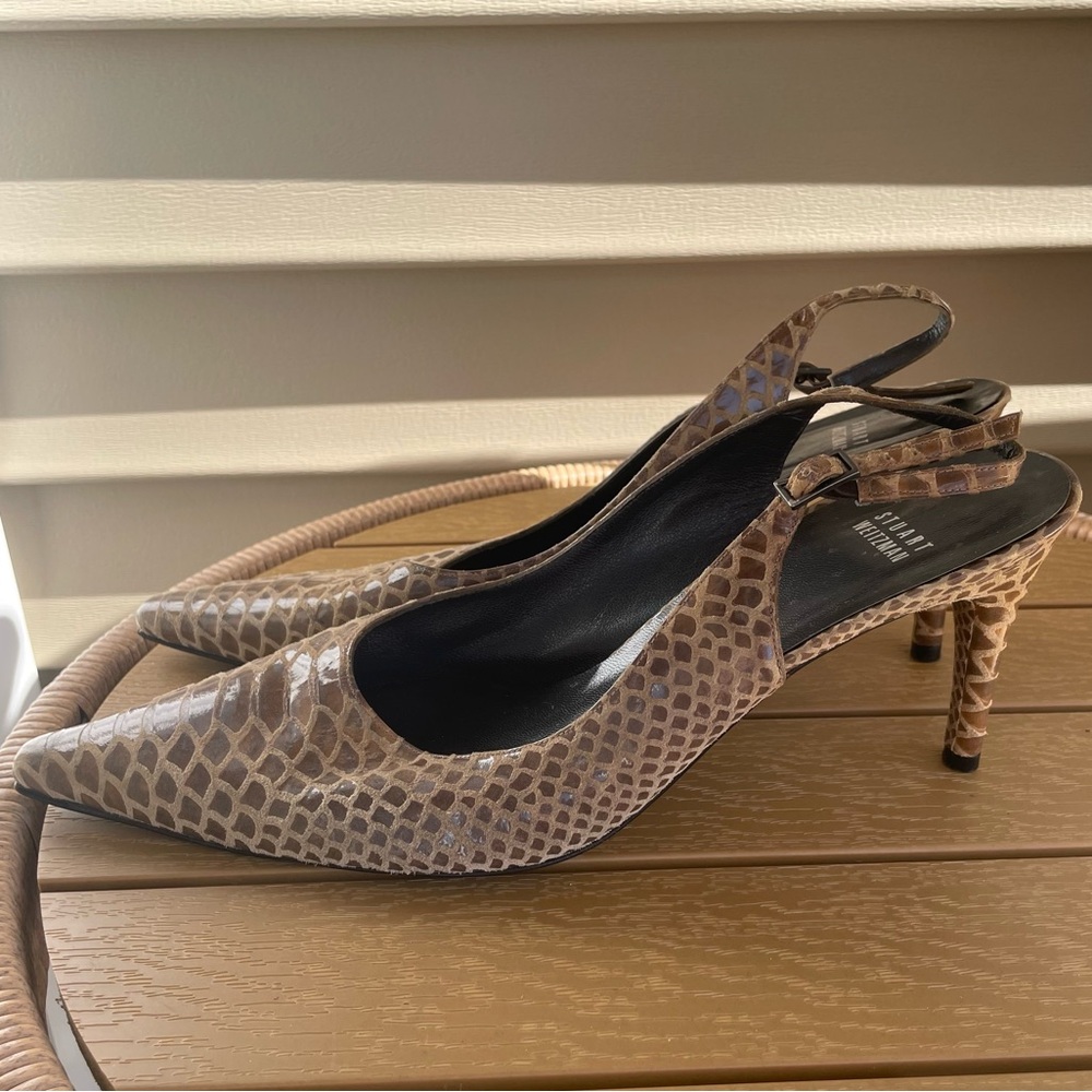 Stuart Weitzman Faux Snake Leather Heels Brown  Slingback Pumps Women's Size 11